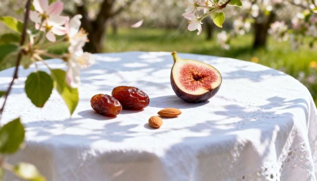 Spring orchard still life featuring halved fig, dates and almonds on white lace cloth