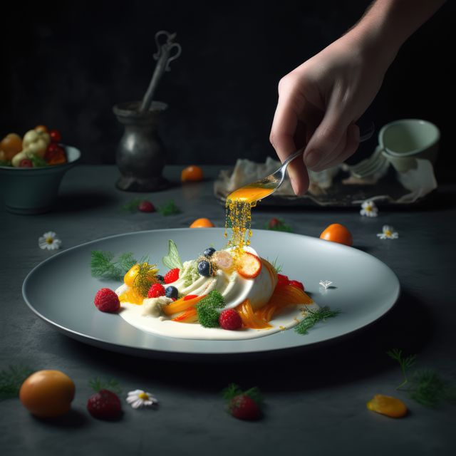 Close up of hand decorating food on plate created using generative ai technology. Dinner, restaurant and food concept digitally generated image.