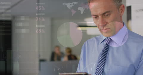 Businessman Reviewing Data with Global Statistics Overlays