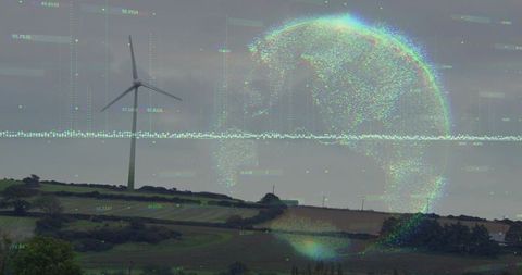 Wind Turbine with Futuristic Digital Earth Overlay on Countryside