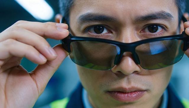 Asian technician adjusting wraparound safety sunglasses closeup with earbud and hi-vis