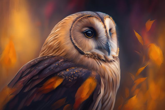 Detailed depiction of an owl with vibrant autumn colors in the background. Useful for seasonal promotions, nature-themed artwork, wildlife photography, and educational materials about birds.