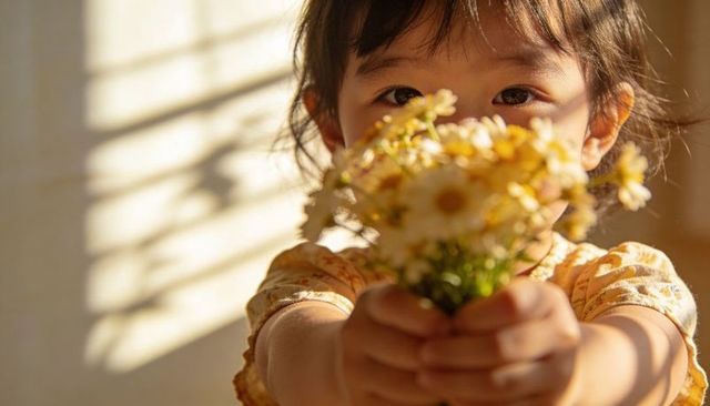 Toddler offering daisy bouquet in warm golden sunlight through window blinds