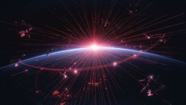 Red laser beam tracing earth's curvature with satellites
