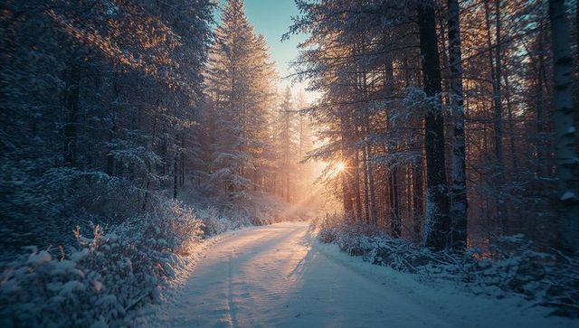 Enchanting Snowy Forest Path Illuminated by Sun Rays