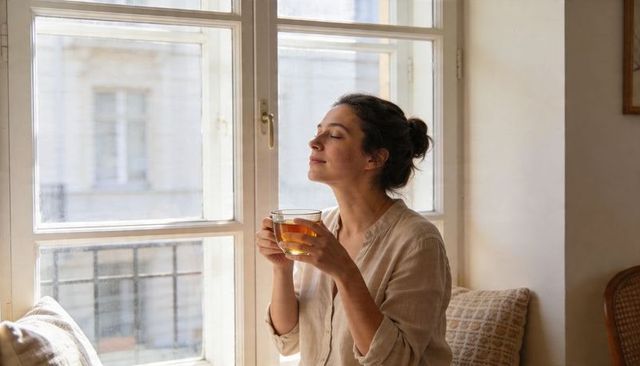 Serene woman sipping tea by sunlit casement window on cozy cushioned bench, morning ritual