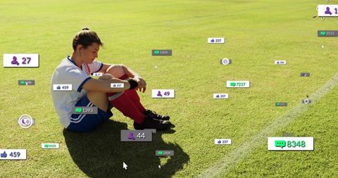 Female soccer player sitting on sideline with social media engagement overlays