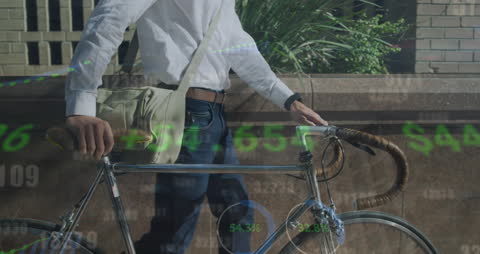 Man with Bicycle Overlaid with Financial Data Animation
