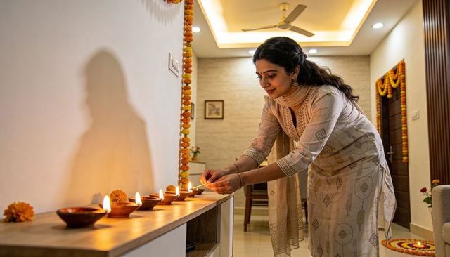 Indian woman lighting clay diyas on console for diwali celebration with marigold garlands