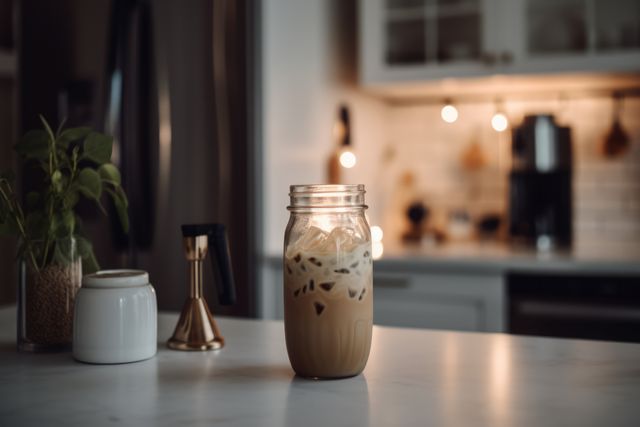 Glass of iced cafe latte on counter in kitchen, created using generative ai technology. Coffee, summer, cafe, drinks and refreshments concept digitally generated image.