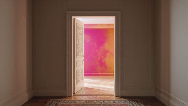 Ornate carved double doors opening into vibrant pink-orange room with herringbone parquet