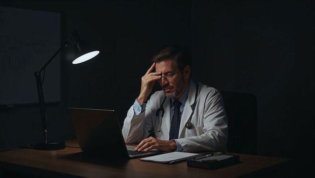 Tired doctor working late on laptop under desk lamp with stethoscope and paperwork