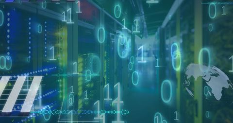 Futuristic Data Processing in Server Room with Binary Overlay - Download Free Stock Images Pikwizard.com