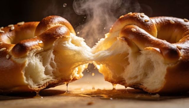 Pulling apart warm braided roll with steam rising and honey dripping over rustic tabletop