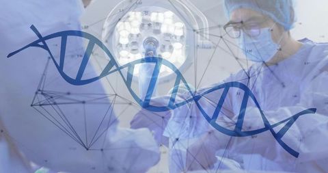 Medical team in surgery with dna helix overlay: innovation in medicine