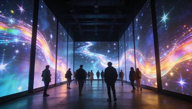 Visitors walking through immersive cosmic led tunnel with neon galaxy projections