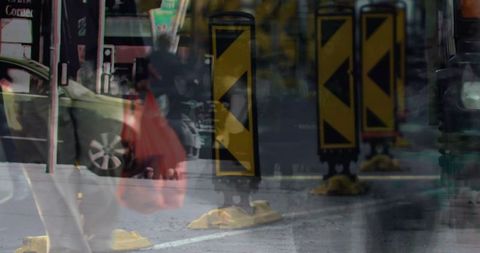 Blurred motion of urban commuters on busy city street