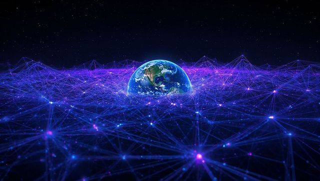 3d futuristic earth rising above glowing mesh network
