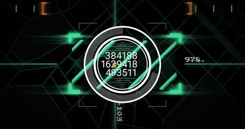 Central circular HUD displaying numeric data with neon green futuristic interface overlay