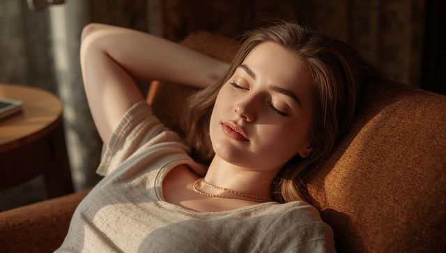 Sunlit woman reclining on cozy armchair wearing tee and gold chain, peaceful home lifestyle