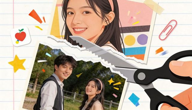 Scissors cutting torn collage revealing smiling students backpack pastel scrapbook