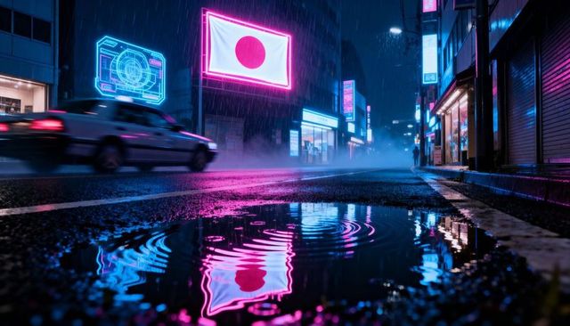 Neon tokyo night street with japanese flag reflection in rain puddle, rippling lights