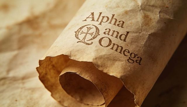 Rolled antique parchment displaying alpha and omega emblem with torn edge vintage vellum texture