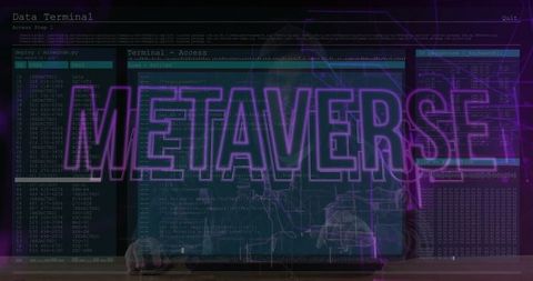 Cybersecurity expert in hoodie typing on metaverse access terminal