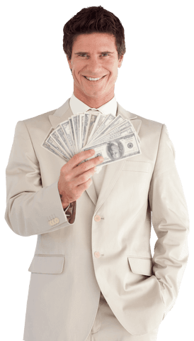 Smiling Businessman Holding Money Using White Background Transparent