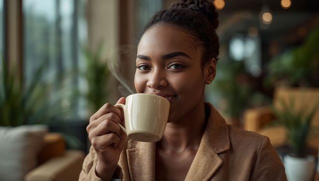 Warm morning ritual sipping coffee at cozy cafe by professional woman in brown blazer