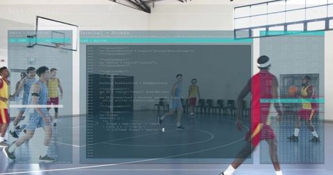 Indoor basketball game with code overlay — players dribbling, passing, defending in motion
