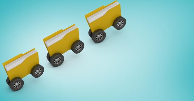 Three yellow file folders with wheels arranged in a row on a light blue background, symbolizing mobile organization and creative storage solutions. Use for business, office efficiency, and document management concepts.
