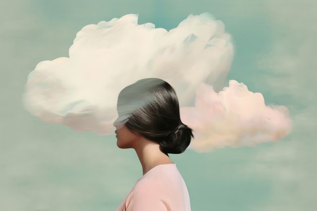 This surreal image shows a woman with her face obscured by blending clouds, creating a scene that is rich with symbolism and open to multiple interpretations. Perfect for projects related to mental health, creativity, mindfulness, and the intersection of nature and self. Ideal for articles, blogs, book covers, or any visual projects requiring a thought-provoking, peaceful, and artistic aesthetic.