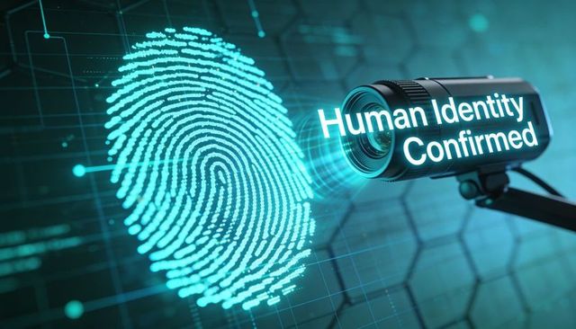 Futuristic fingerprint authentication with surveillance camera showing human identity confirmed
