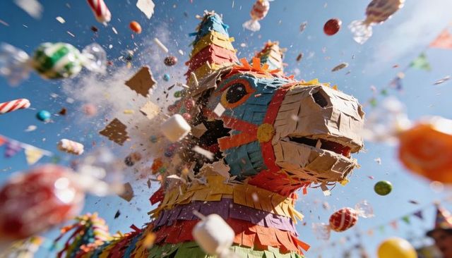 Colorful donkey pinata exploding with candy and confetti under sunny blue sky banners