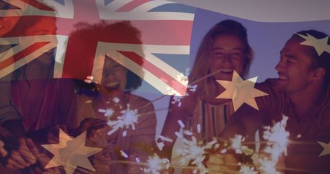 Diverse Friends Celebrating with Sparklers and Australian Flag
