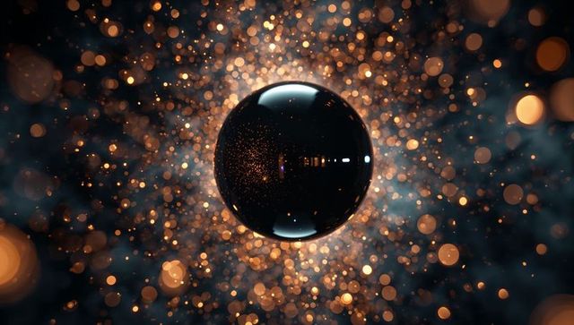Glowing Golden Bokeh Particles Around Black Sphere in Abstract Space