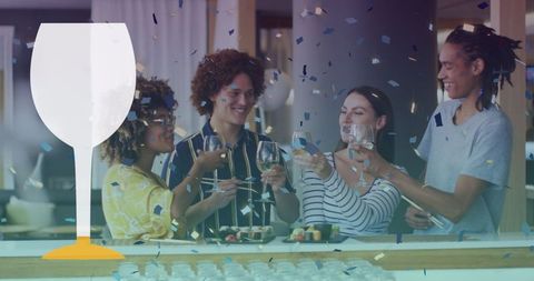 Diverse Group Enjoying Sushi and Wine Celebration