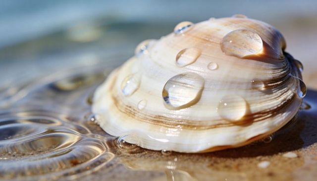 Glistening seashell with water droplets on wet sand close-up for coastal design and wellness