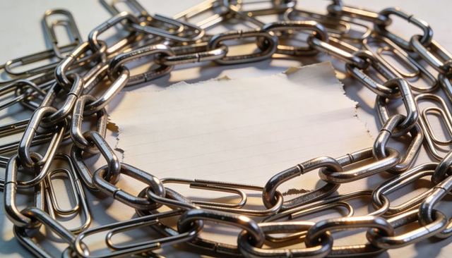 Encircling steel chain constraining torn lined paper with paperclips under warm light