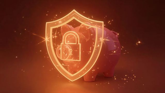 Holographic shield with padlock protecting piggy bank, secure savings cybersecurity