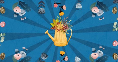 Retro Floral Watering Can on Vibrant Blue