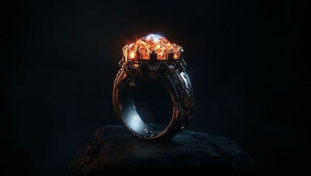Gothic ornate ring with glowing gemstone on stone pedestal