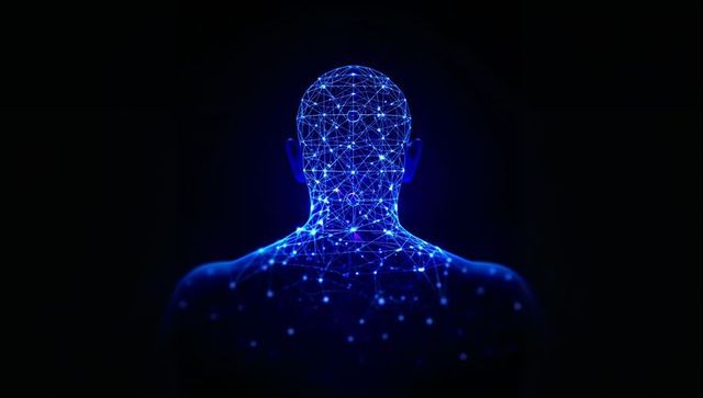 Blue neural mesh silhouette backview showing glowing ai network of human digital nodes