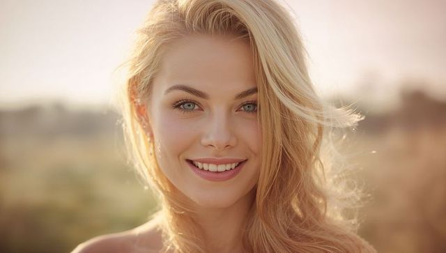 Radiant Woman with Tousled Blonde Hair in Sunlit Meadow
