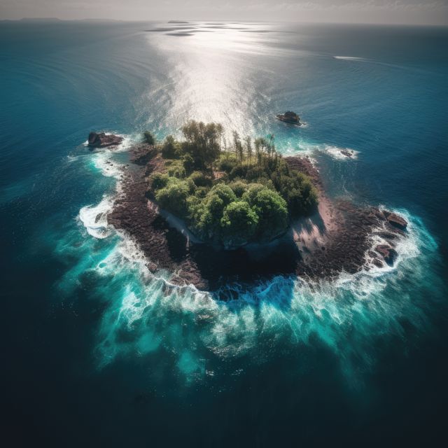 Aerial view of a small, remote tropical island surrounded by vibrant turquoise waters. The island features lush vegetation and rocky outcrops along the coastline. Ideal for use in travel brochures, websites, and advertisements promoting exotic destinations, beach vacations, and natural beauty.