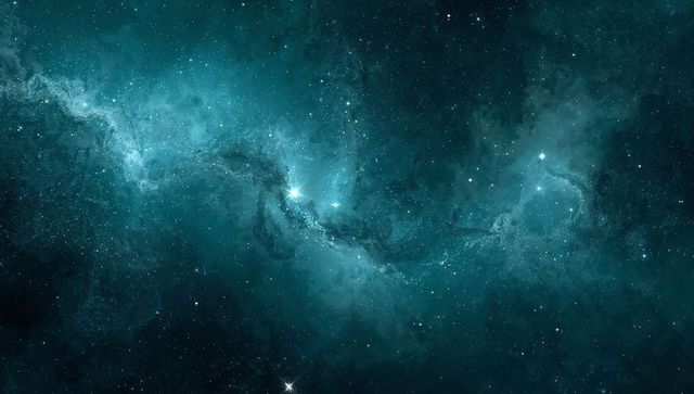 Teal nebula stretching across deep space featuring bright stellar core and dust lanes