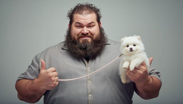 Smiling bearded man cuddling white pomeranian puppy with pink leash, warm portrait