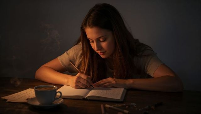 Young woman writing late-night journal by warm lamplight with coffee on wooden desk