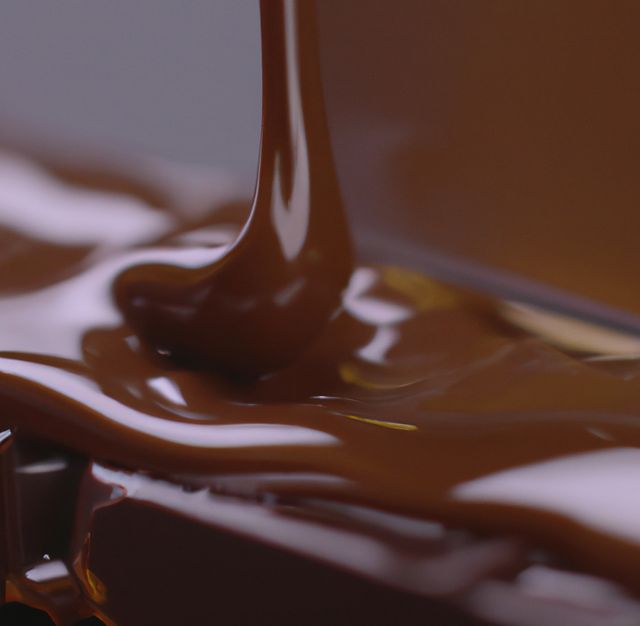 Close-up of smooth, melted chocolate pouring onto a surface. Could be used for articles about chocolate recipes, dessert preparation, professional baking, or promoting chocolatiers and confectionery products.